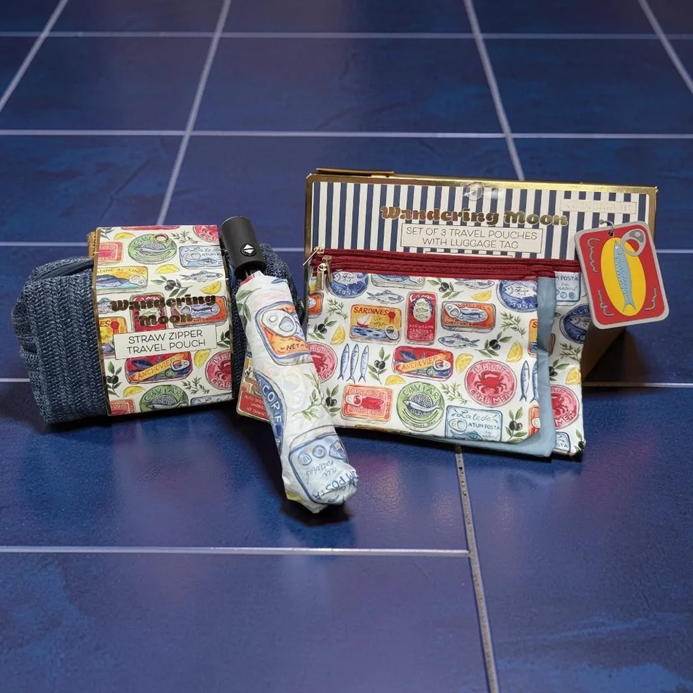 Wandering Moon 3 Pc Sardine Printed Travel Pouch Set & Umbrella & Luggage Tag